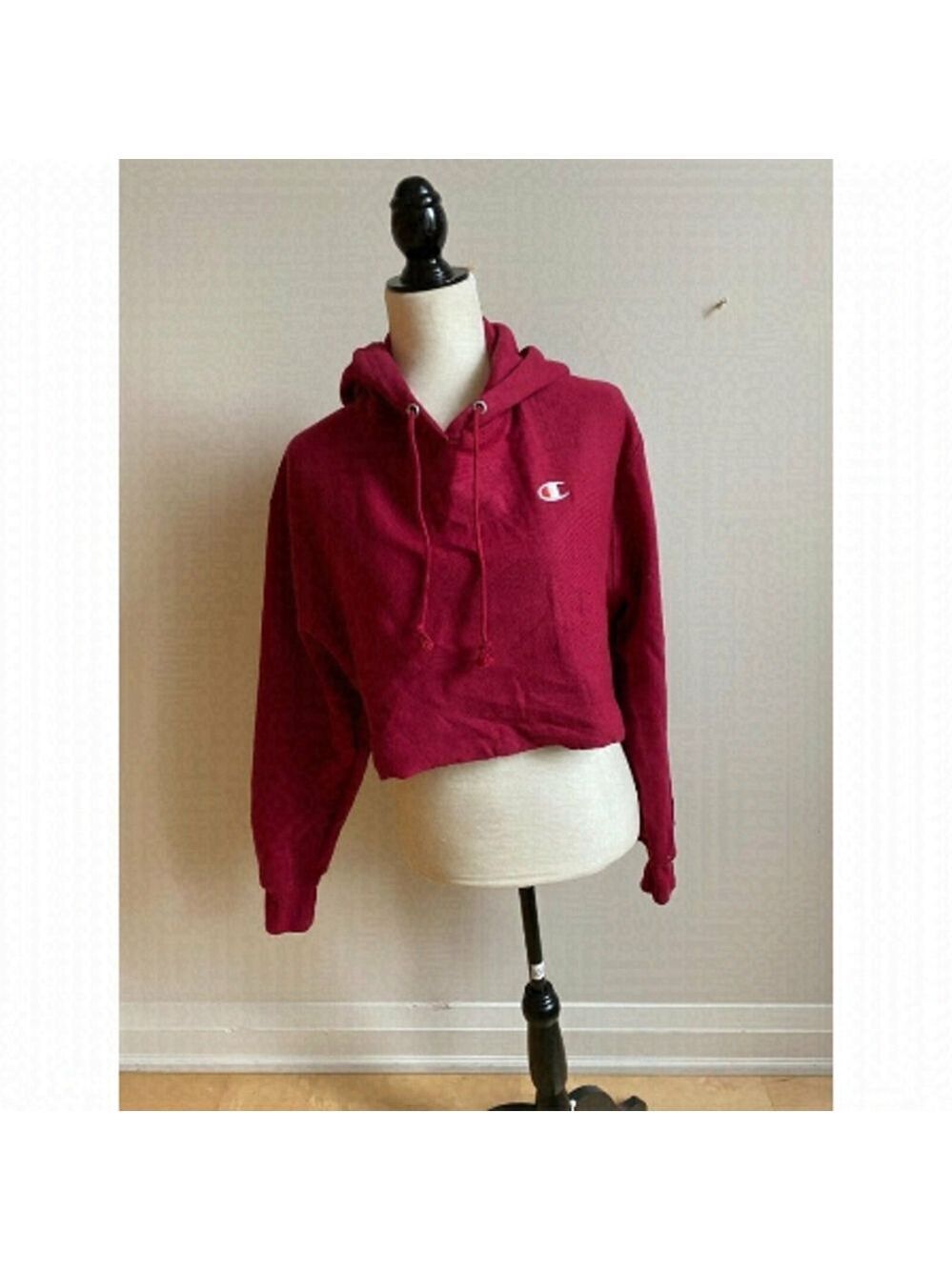CHAMPION Women BNWOT Hooded Burgundy Cropped Sweater New Medium Frayed Hem